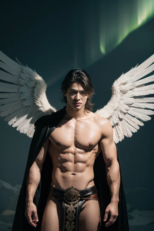 Male seraphim, four expansive wings reflecting an aurora and galactic theme, dark hair cascading beyond a stark jawline, bare chest exhibiting exquisite definition, loincloth ensemble, voluminous black leather cape captured mid-billow revealing intricate embroidery, fabric clasping, full-length stance, volumetric lighting accentuating muscle contour through shadow play and softened transitions, nose prominent with a slight upturn, enticing glare, celestial wings displaying spectrum hues, ultra-realistic, masculine yet ethereal