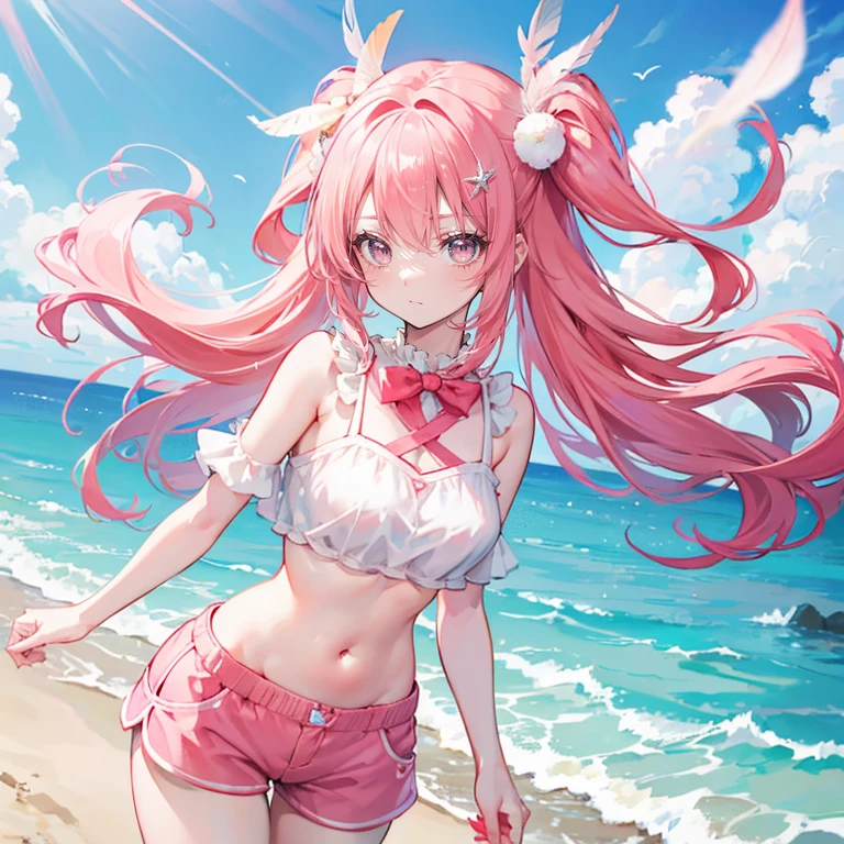 Coral pink hair，two side up，two side up，Gray eyes，feather hair ornament，Girl，shorts，Navel，White knee socks，whole body，Standing on the ground，Don't show your arms，The background is the ocean