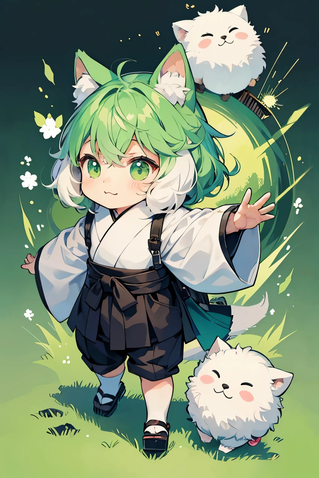 Japanese style、漫画のcharacter、not human、Bipedal animals、character、deformed、cute、fluffy、whole body、fluffyな毛並み、Fluffy、A green-based color scheme、black
