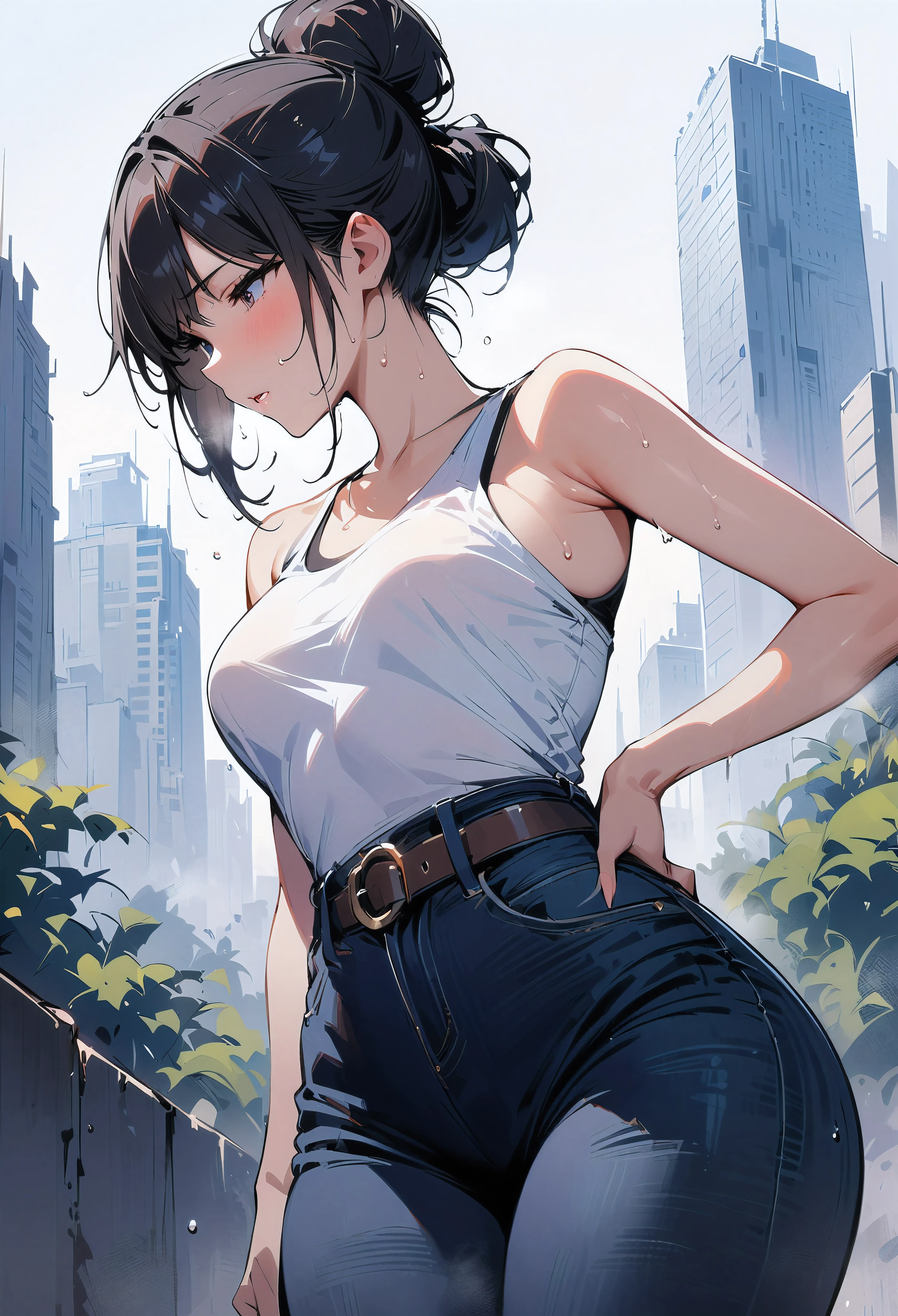 (masterpiece, best quality:1.2), 1 girl, alone , sexy , (jeans), wide hips, white top ,cowboy shot, black hair ,hair bun, (Sweat), outdoor , skyscraper background, from front
