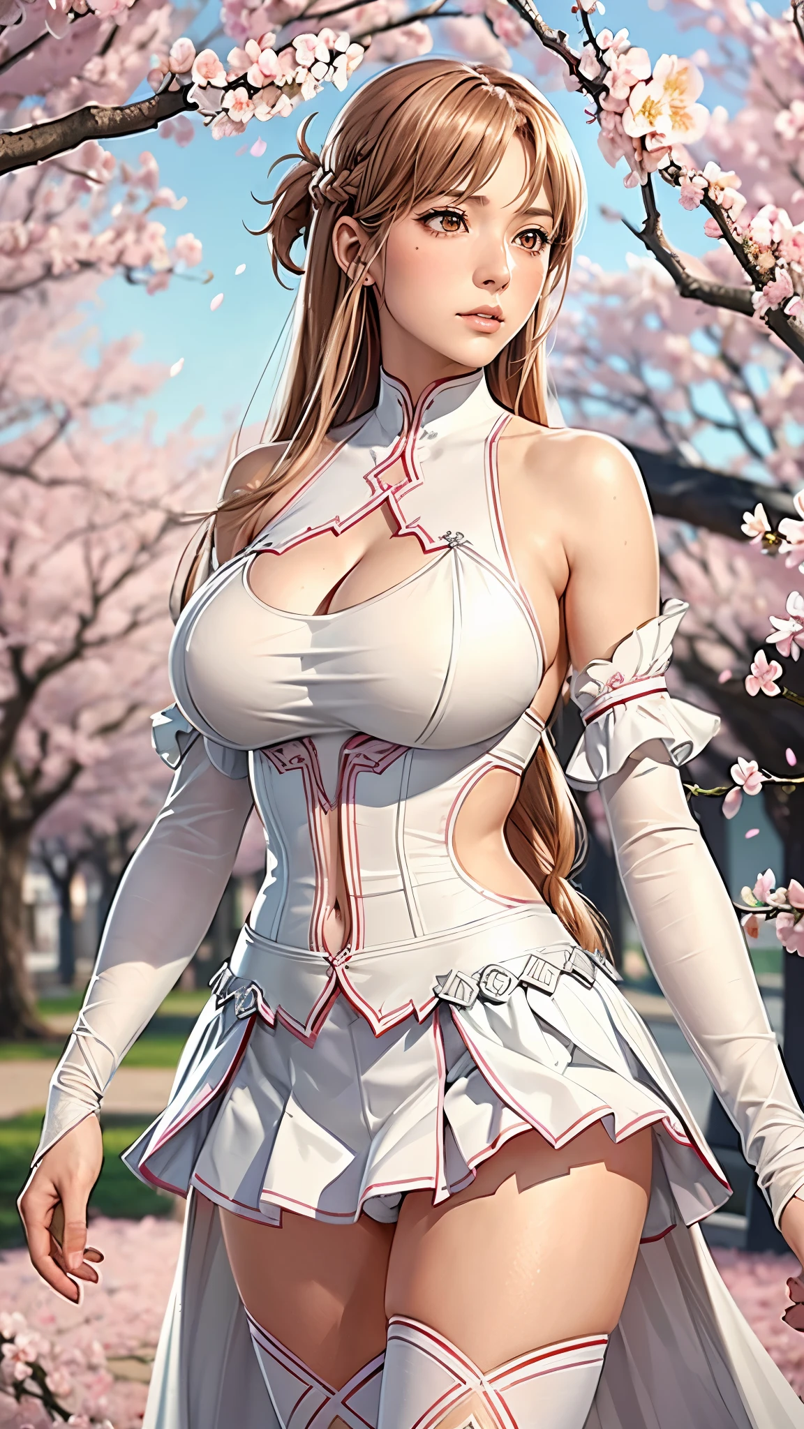 （（（完美figure，figure，bare shoulders, armor, breastplate, white sleeves, detached sleeves, red skirt, pleated skirt,white thighhighs, （（（aaasuna, long hair, brown hair, braid, brown eyes, ）））((masterpiece)),high resolution, ((Best quality at best))，masterpiece，quality，Best quality，（（（ Exquisite facial features，Looking at the audience,There is light in the eyes，(Blushing and shyness)，））），型figure:1.7））），（（（Light and shadow，Huge breasts））），（（（Looking at the camera，Cherry Blossom Background，flowers，pink background，Cherry Blossoms，pose partially visible vulva
panties)）））