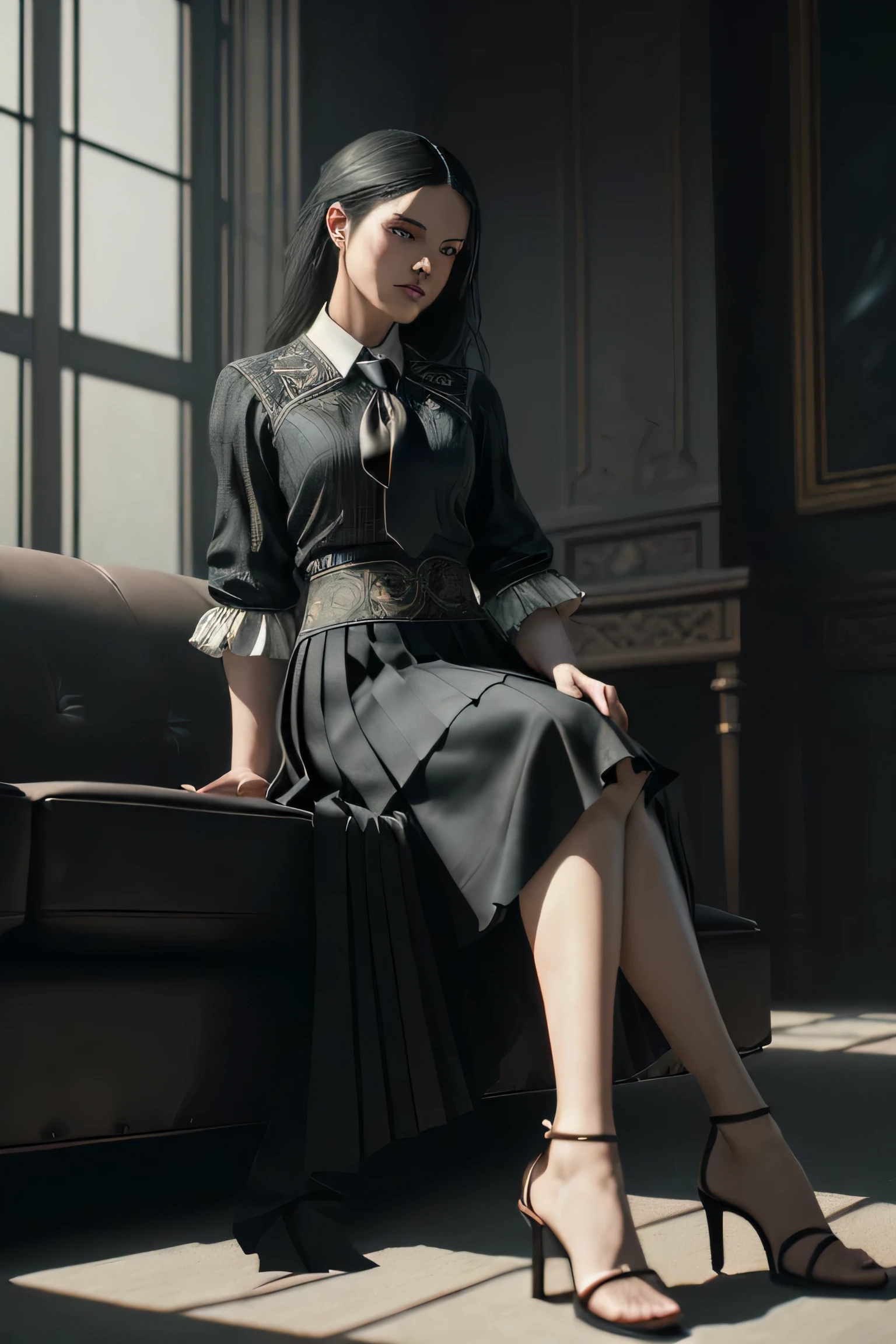 (masterpiece), (extremely intricate:1.3), (realistic), portrait of a girl, (dark fantasy, gore), (dynamic perspective), the most beautiful in the world, (kick viewers lightly), indoors, from below, shirt, tie, pleated skirt, high-heeled sandals, smirk, on the couch, Hirosaki, Aomori, professional photograph of a stunning woman detailed, sharp focus, dramatic, award winning, cinematic lighting, octane render unreal engine, volumetrics dtx, (film grain, blurry background, blurry foreground, bokeh, depth of field)