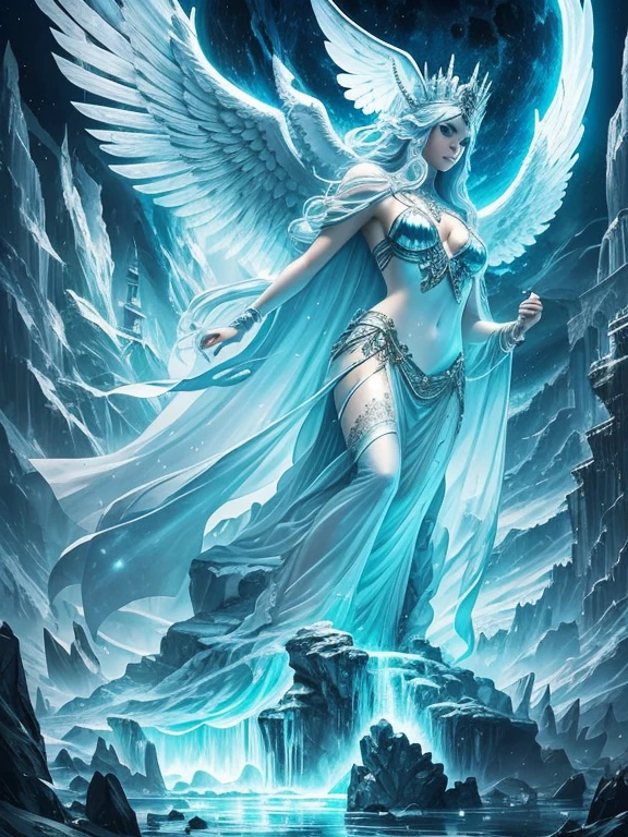 Masterpiece, Super high quality, Super detail, Perfect drawing, Ice statue, crystal, transparent ice, The victory of Samothrace, greek myth, mysterious, Emotional, Museum, Ice World, glitters, Cool, Beautiful, Beautiful landscape, carefully drawn, precise drawing,