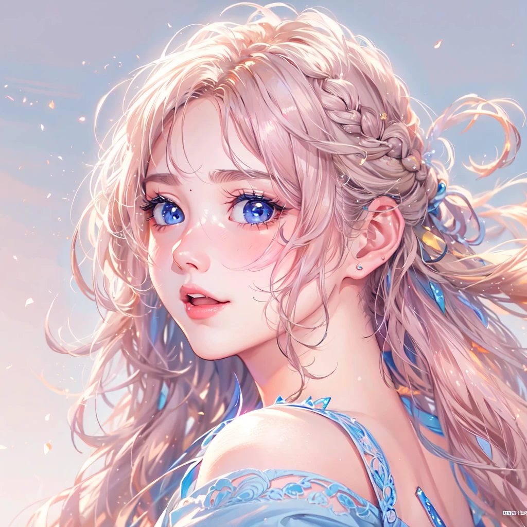 masterpiece、highest quality、High resolution、High-quality images、8k, 1 female、Skin Radiance、Texture of skin and clothing、Expression of fine eyes、Shiny bright golden hair,Girl with long braided hair, Manga inspired by Lee Jong-suk, Trending on deviantart, realism, detailed manga style, Manga art style, Perfect Line Drawing, beautiful line drawing, digital manga art girl, K-POPアイドル, Beautiful Blue Eyes, Lips become thicker, Gorgeous face with attention to detail, (Cute Smile), charm, Innocent, Side view, (Perfectly detailed face), (Beautiful Hands) photorealistic images, Written boundary depth, One-length hairstyles, Tank top 、デニムミニスカート Ocean , summer , Ocean ，Romanticism,