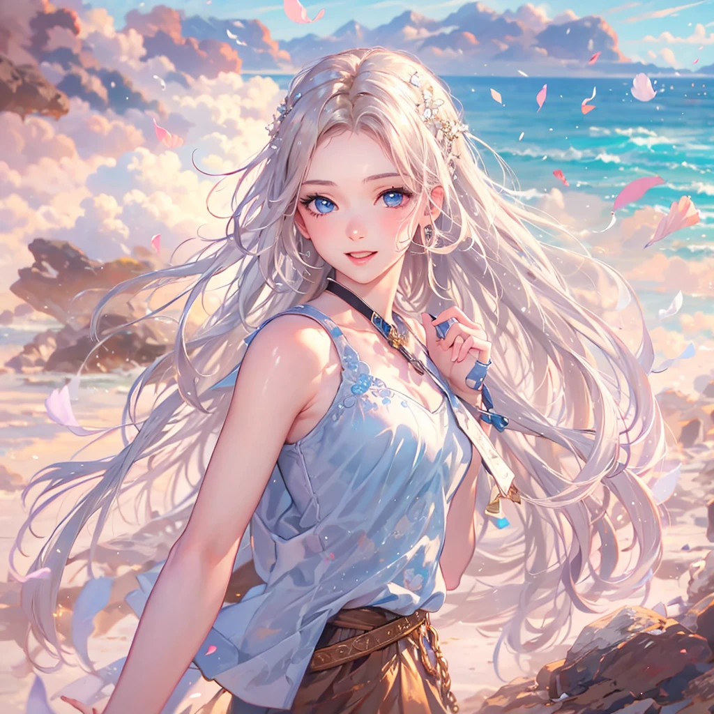 masterpiece、highest quality、High resolution、High-quality images、8k, 1 female、Skin Radiance、Texture of skin and clothing、Expression of fine eyes、Shiny bright golden hair,Girl with long braided hair, Manga inspired by Lee Jong-suk, Trending on deviantart, realism, detailed manga style, Manga art style, Perfect Line Drawing, beautiful line drawing, digital manga art girl, K-POPアイドル, Beautiful Blue Eyes, Lips become thicker, Gorgeous face with attention to detail, (Cute Smile), charm, Innocent, Side view, (Perfectly detailed face), (Beautiful Hands) photorealistic images, Written boundary depth, One-length hairstyles, Tank top 、デニムミニスカート Ocean , summer , Ocean ,Romanticism,