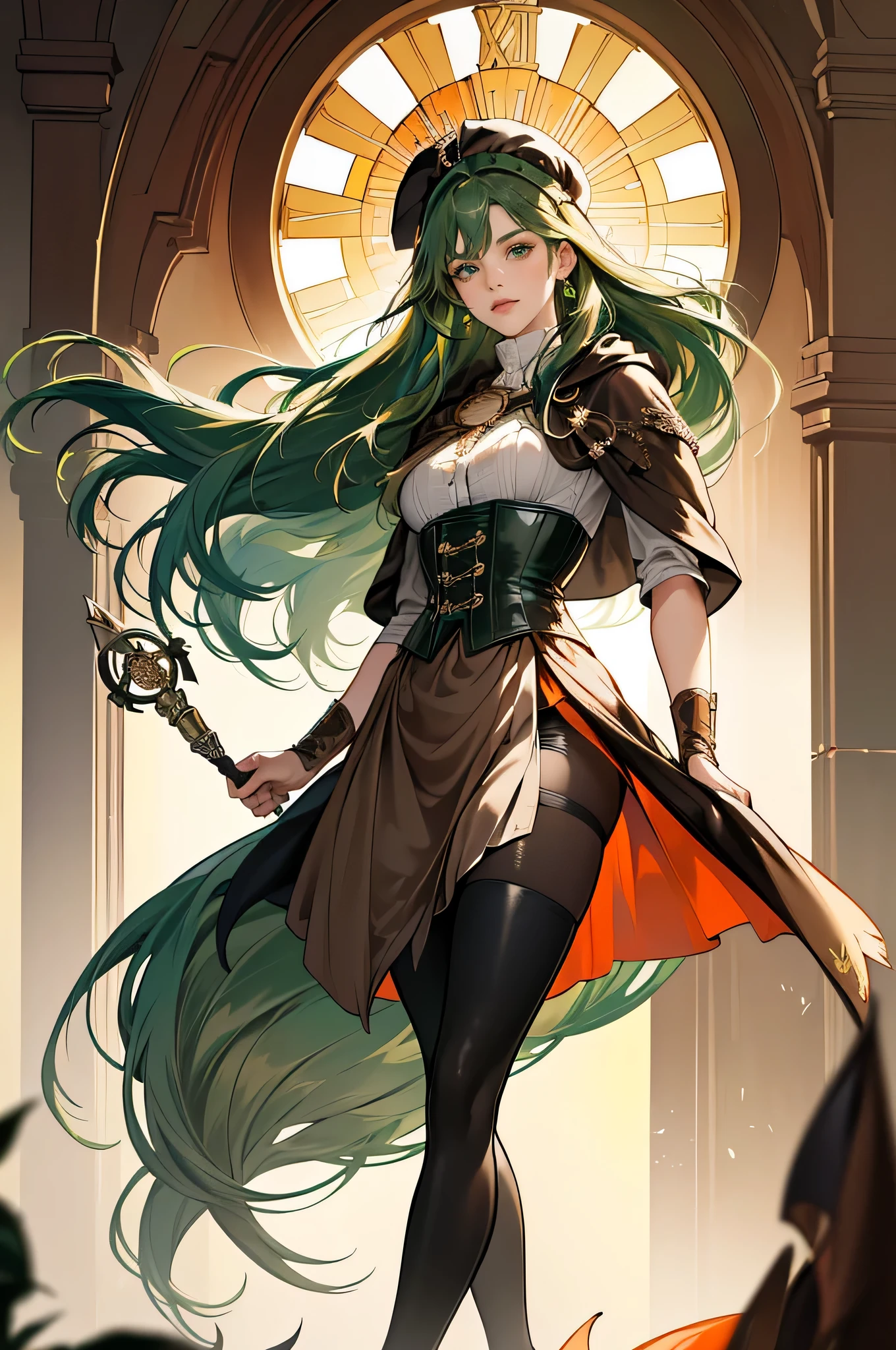 masterpiece, Super detailed, 8K portrait, RAW photo, portrait photography, highly detailed face, beautiful and detailed eyes, ((fantasy)), young and beautiful, 22 years ago, dynamic pose, (((long straight deep green hair))), ((One side is woven with orange ribbon)), dull bangs, beret, white skin color, luxury, hooded (((Dark brown))) (((Silk Long Cloak))) fluttering in the wind, (((dress shirt))), (((silk maxi skirt))), leather corset, (((dark thigh high tights))), High Cut Leather Boots, (((Lift a long magic wand))), ((wear a pocket watch)), midday sun, surreal, body model, small breasts, beautiful breasts, long legs, city, environmental lighting, shadow details , focus the camera on the face, strong wind, light fog