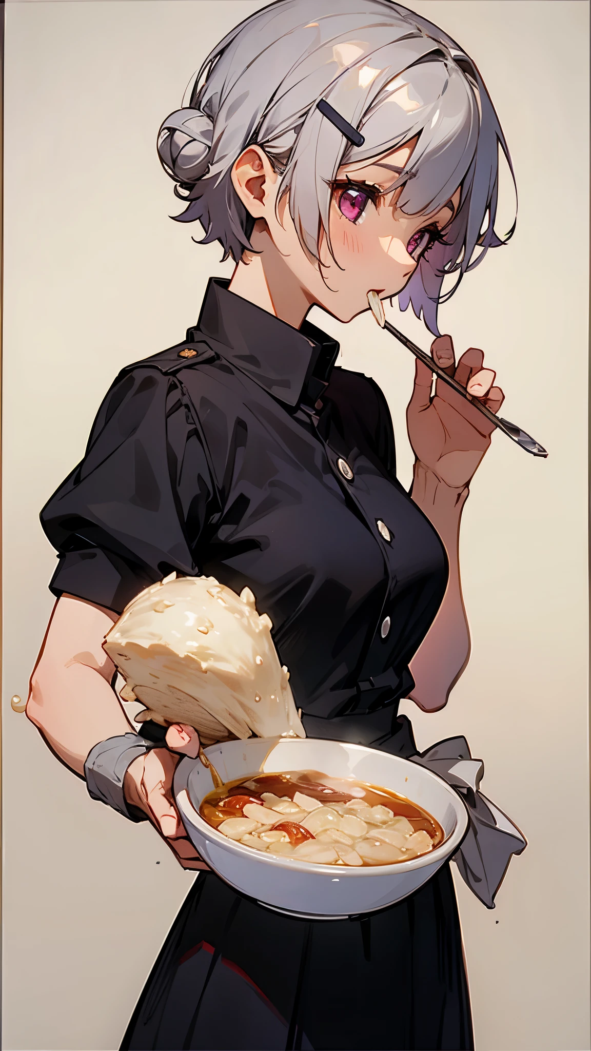 (highest quality,High resolution,Very detailed),eat porridge, Short silver bob hair tied in a bun with a hair clip, Pink Eyes、spoon, From the side、Background blur, Depth of written border