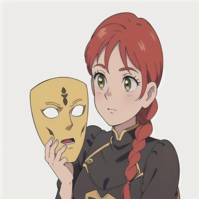 anime girl holding a yellow gold a mask loki with a red hair, ( ( a mask ) ), style in died anime style, a mask, like an anime character, style in died anime, weaAlsog wooden a mask , , Also, the magic a mask covers her entire face, partially a masked, died, weaAlsog a a mask, a masking