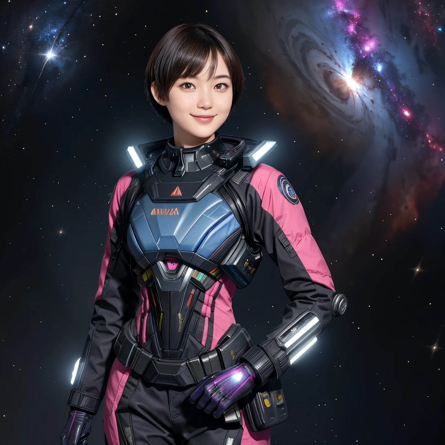 208 Short Hair, 20 year old female, Floral, A kind smile, Futuristic clothing, machinery suit, (The background is a galaxy and nebula)