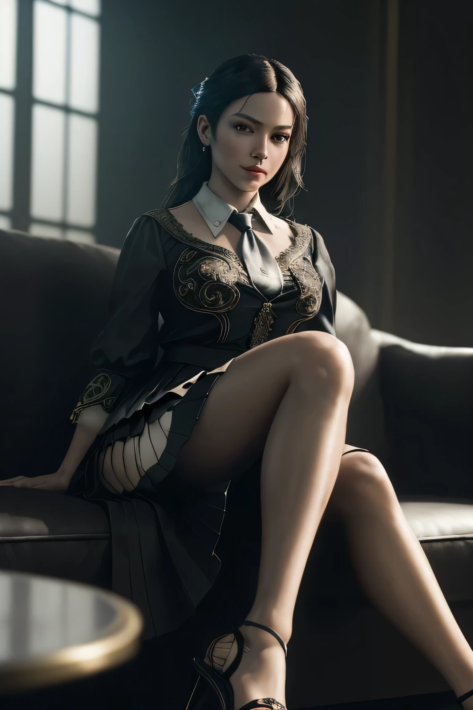 (masterpiece), (extremely intricate:1.3), (realistic), portrait of a girl, (dark fantasy, gore), (dynamic perspective), the most beautiful in the world, (kick viewers lightly), indoors, from below, shirt, tie, pleated skirt, high-heeled sandals, smirk, on the couch, Hirosaki, Aomori, professional photograph of a stunning woman detailed, sharp focus, dramatic, award winning, cinematic lighting, octane render unreal engine, volumetrics dtx, (film grain, blurry background, blurry foreground, bokeh, depth of field)