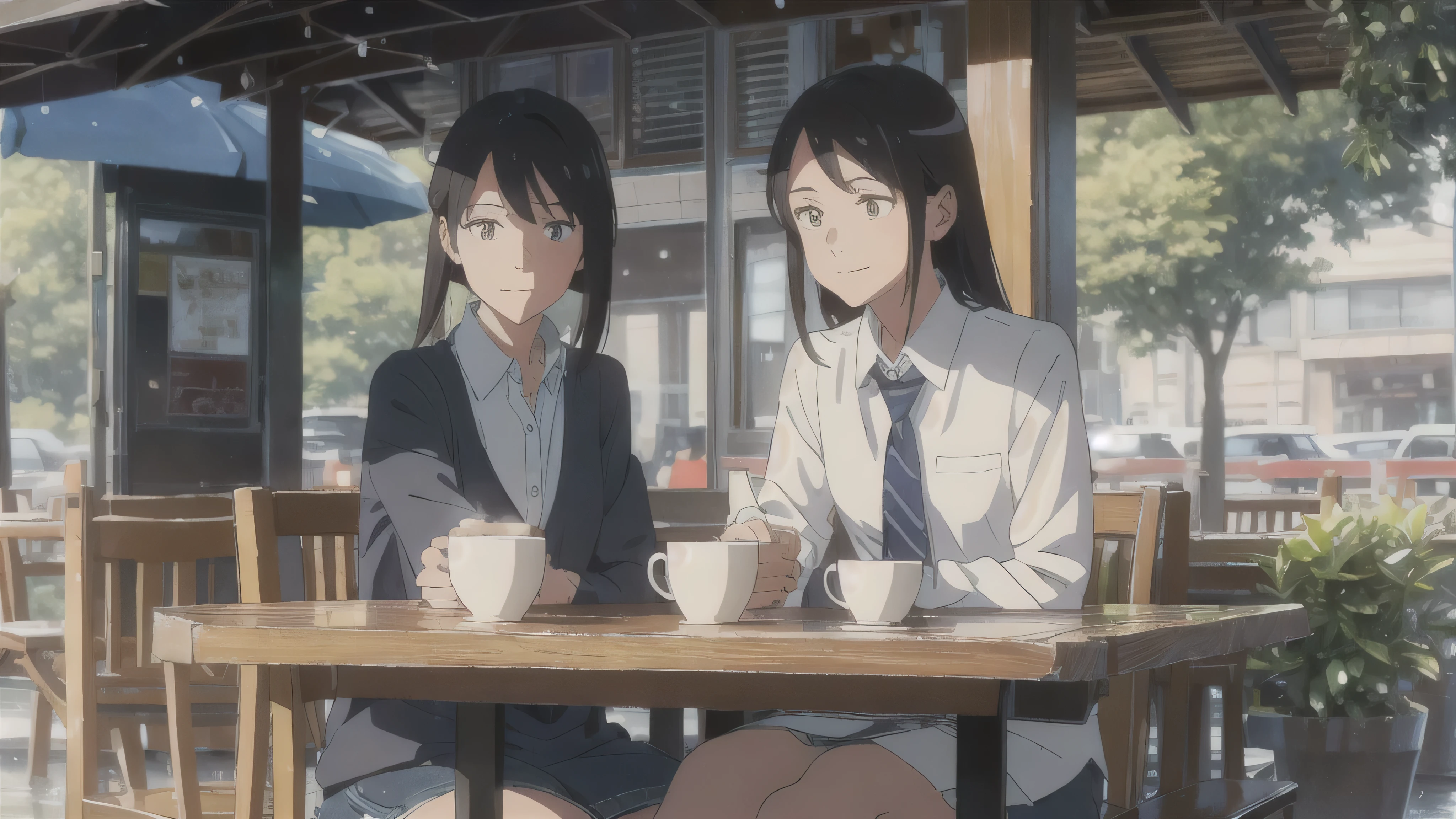 The Wind of Sincerity, anime, After the Rain, Moving visual effects, Natural glare. Wearing a dress shirt and tie,denim, A 20-year-old with a kind face drinking coffee alone at a cafe, Cute woman drinking coffee and listening to music happily,