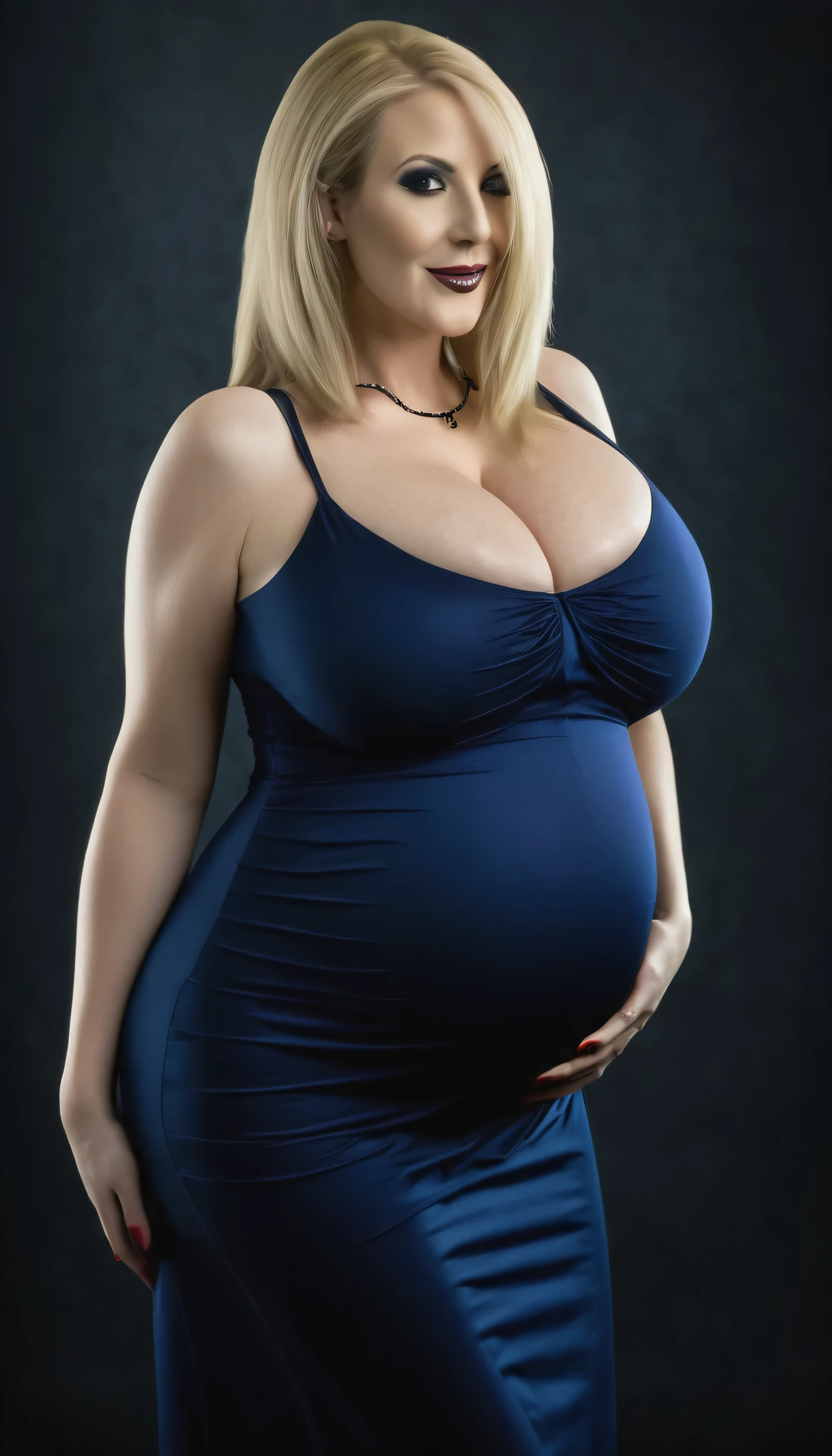 Pregnant women, Portrait of a 45 year old woman with blonde hair in a bob cut, Mature Body, gothic makeup, Sexy smile, 8K, Detailed Background, Surreal, realism, Simple dark background, Dark blue tight open long dress, showing whole body, whole body, big breasts, Perfect breasts, View of the observer from above, performance, Soft lighting, Extreme Detail, sensual figure, Curvy Model, Very voluptuous body, Sensual body, Plus Size Women, attractive plus size model, Pregnant women, blonde long hair, Hair length:2.5, Hair volume:1.9, gothic makeup, Simple dark background, Dark blue tight open long dress,  Hair volume:1.9, Hair length:4.5, 