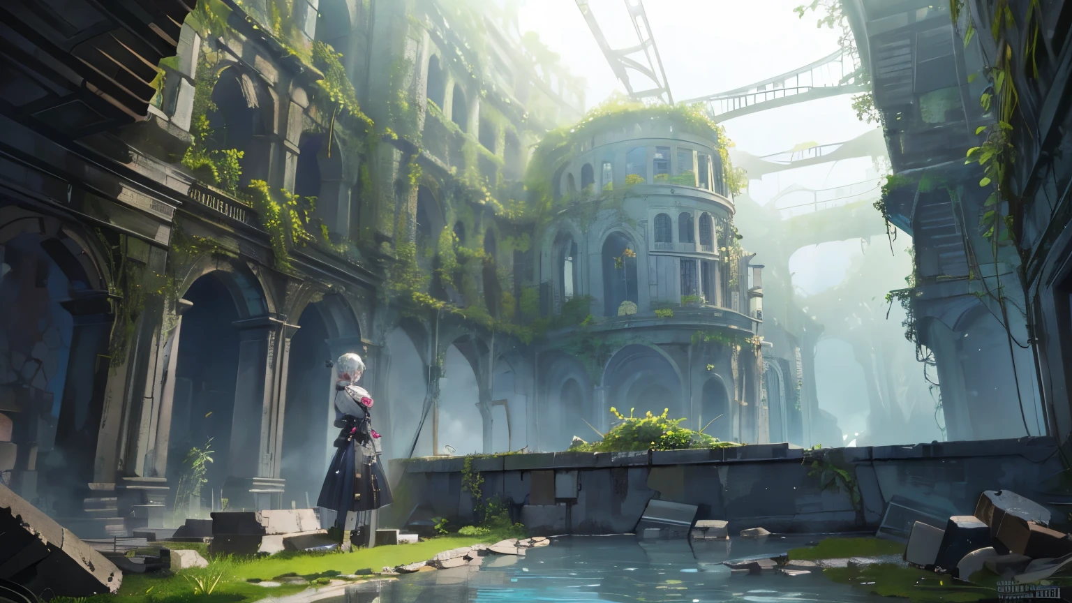 Silver Hair, Shortcuts, Bun hair, Pink Eyes, Long sleeve, (Submerged Ruins:1.2), (A mysterious dystopia covered in greenery:1.2), Panoramic, (masterpiece), (Best Quality, 8K, High resolution), Ultra-detailed