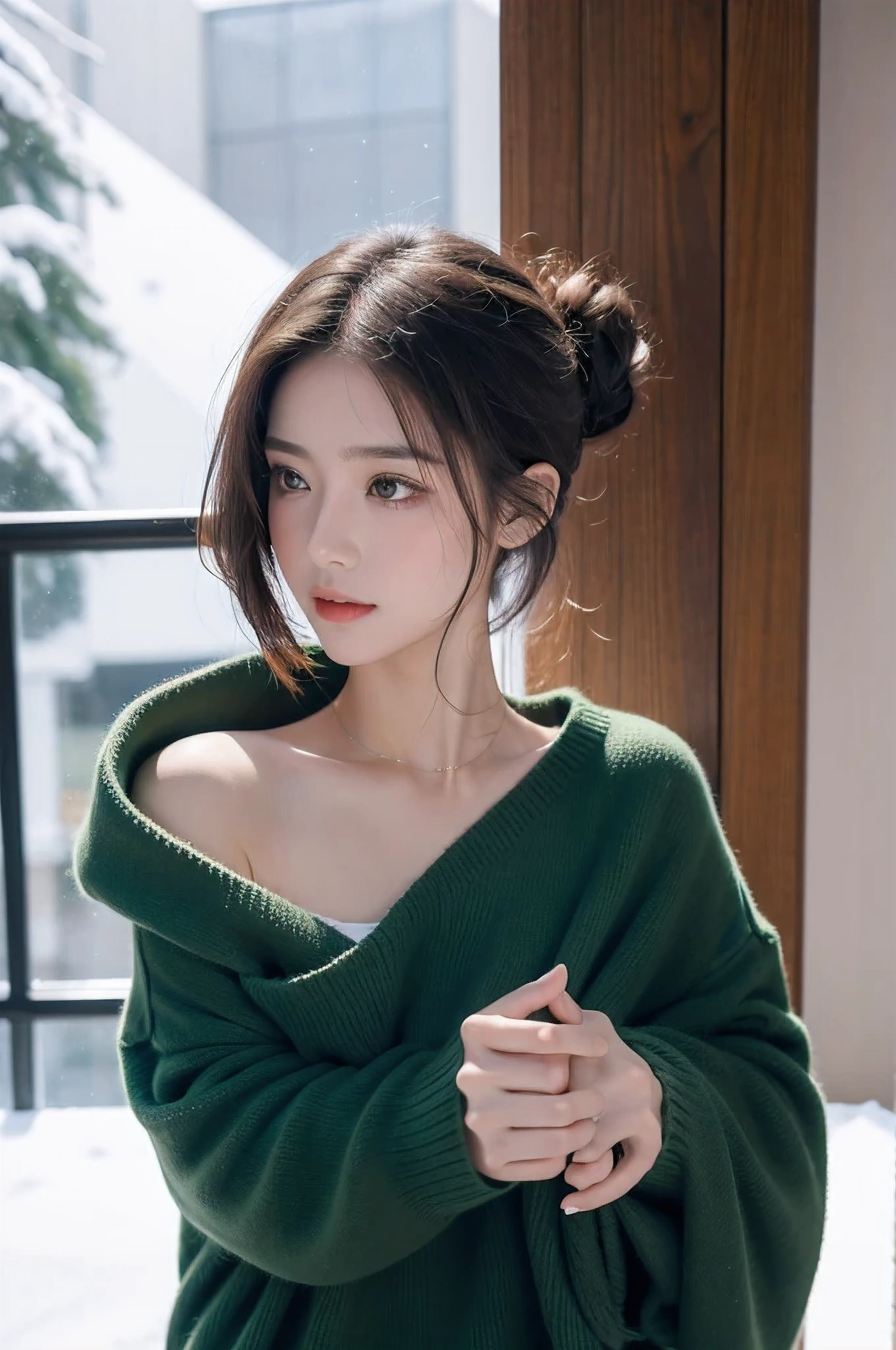 individual，young girl，23 years old, fine hair, Detailed faces, full figure，Long hair tied up，full, Short hair details，Green winter clothing, model，snack, Sexy breasts