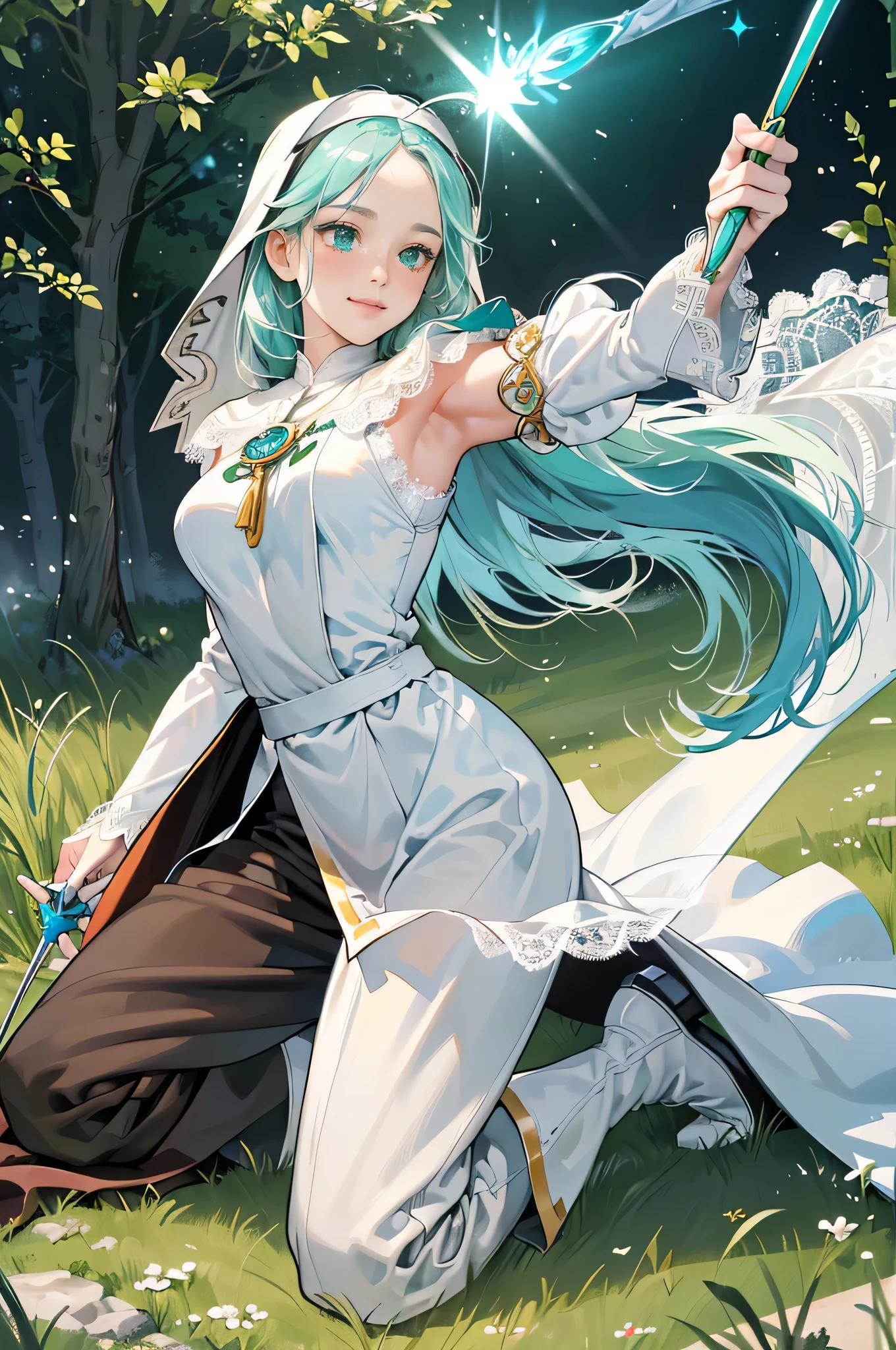 masterpiece, ultra detailed, 8k portrait, RAW photo, portrait photography, Highly detailed face, beautiful and meticulous eyes, ((Fantasy)), (((solo))), Young beautiful, (((Nun))), (((((dynamic pose))))), ((light blue long thin hair)), ahoge, forehead, Gentle face, (shy smile and blush), White skin, (((armpit))), (((green and white puffy sleeve lace priest robes))), ((brown cape)) Fluttering in the wind, (((lowleg kneel length pants))), Leather boots, ((((holding a magic wand)))), Midday Sun, Hyper realistic, Body model, medium breasts, Beautiful breasts, Long legs, in the medieval field, Ambient lighting, Shadow details, Camera focus on face, strong breeze, Light fog,