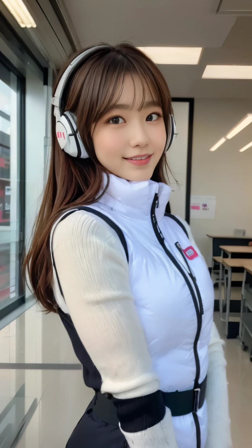 (At S.F.W.), (1 girl:1.3), break, Half Body Shot, Japanese, supermodel, high school girl, (From the side), (highest quality:1.4), 32k resolution, (Realistic:1.5), (超Realistic:1.5), High resolution 32k UHD, (masterpiece:1.2)), (Improvement of quality:1.4), (Very beautiful facial details), (highest qualityのリアルな質感の肌:1.4), (Perfect Anatomy:1.2), (Are standing:1.37), break, , ((astrovest:1.5)), ((headphone:1.15)), break, Do not emphasize the top of the bust, ((In a classroom shining in pink:1.15)), Accurate Fingers, Very detailed, Symmetrical eyes, ((View your viewers)),Natural Makeup, ((A good eye for quality:1.2)), (tired, Sleepy and satisfied:0.0), (Beautiful Lips:1.33), (Great nose:1.2), ((Physically Based Rendering of the Background:1.37)), thin:1.2, Flat Chest, (thin lower body), brown hair, (Hairy hair:1.37), Anxious face, Gentle light illuminates your face and body, Professional Cinema Lighting,(black sleeves):2,(black long sleeves):2,(astrovest):2,smile,inside spacecraft