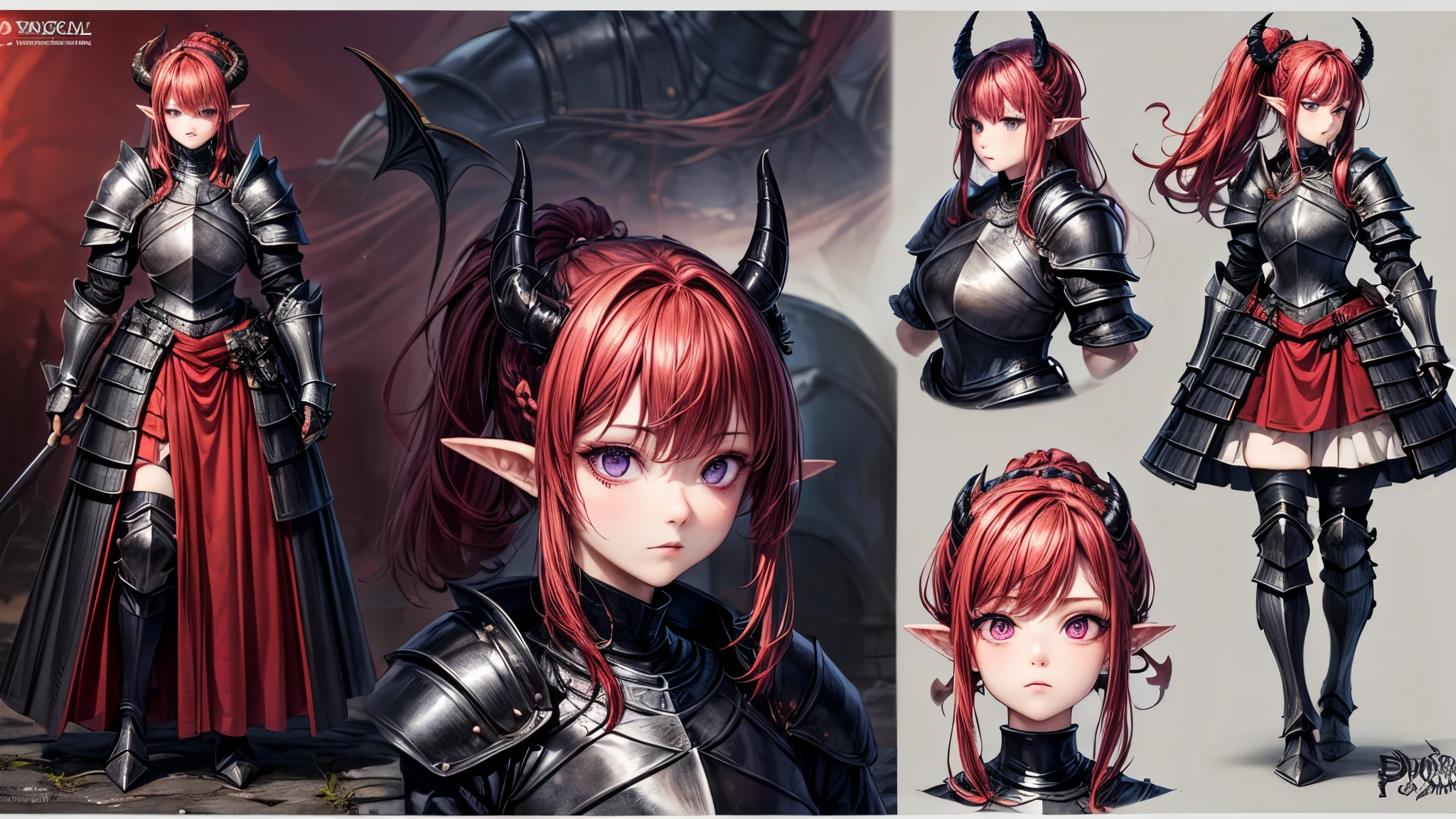 (Masterpiece, best quality), detailed, character sheet, many items (the same person, medieval royal armor, demonic heavy armor, fullplate armor, many parts), athletic, busty, demon, demon girl, detailed beautiful purple eyes, detailed face, pointy ears, red hair and white skin, braided ponytail, demon horns, full of details.