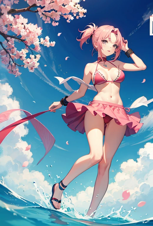 Sakura (Naruto) Sakura haruno ,pink hair, pink bikini, full body, thighshighs ,blossom background pink skirt
