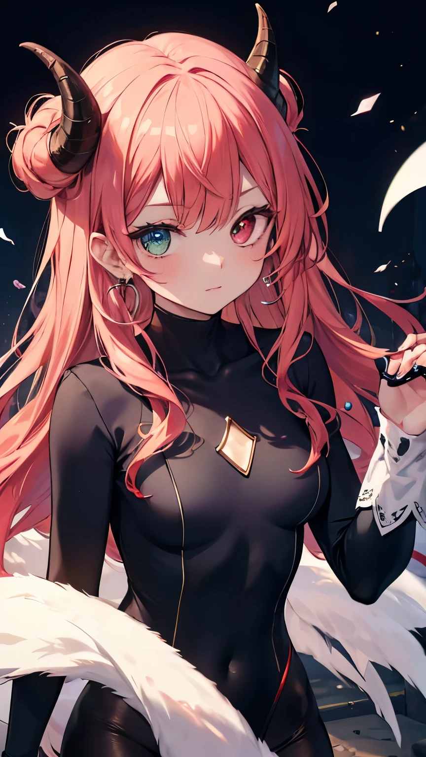 (((Best quality, 8k, Masterpiece: 1.3)), ((best quality)), ((masterpiece)), (detailed), perfect face, horns, crazy eyes, devil pupils, heterochromia, crazy, yandere, Demon girl with goat horns, enamel bodysuit, demon world, underground, dim light, red hair, gradient hair, crescent earrings, queen, wide open chest, gemstones, diamonds, sapphires