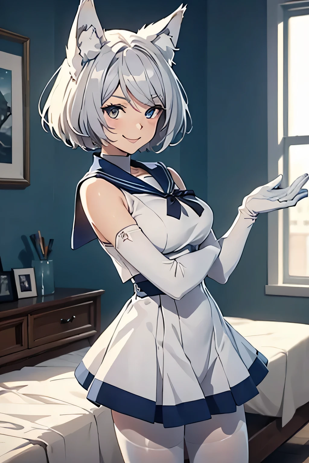 Tabletop Best image quality wonderful Attention to detail One Young Woman((Adult))Anime Style white sailor suit(Sleeveless) navy blue mini skirt Pure white gloves(Elbow Gloves) White Pantyhose(Plain) wolf ears short hair((Shortcuts)(Gray Hair)(Curly Hair)(fluffy)) smile(Happy) Eye color is blue background(Bedroom)