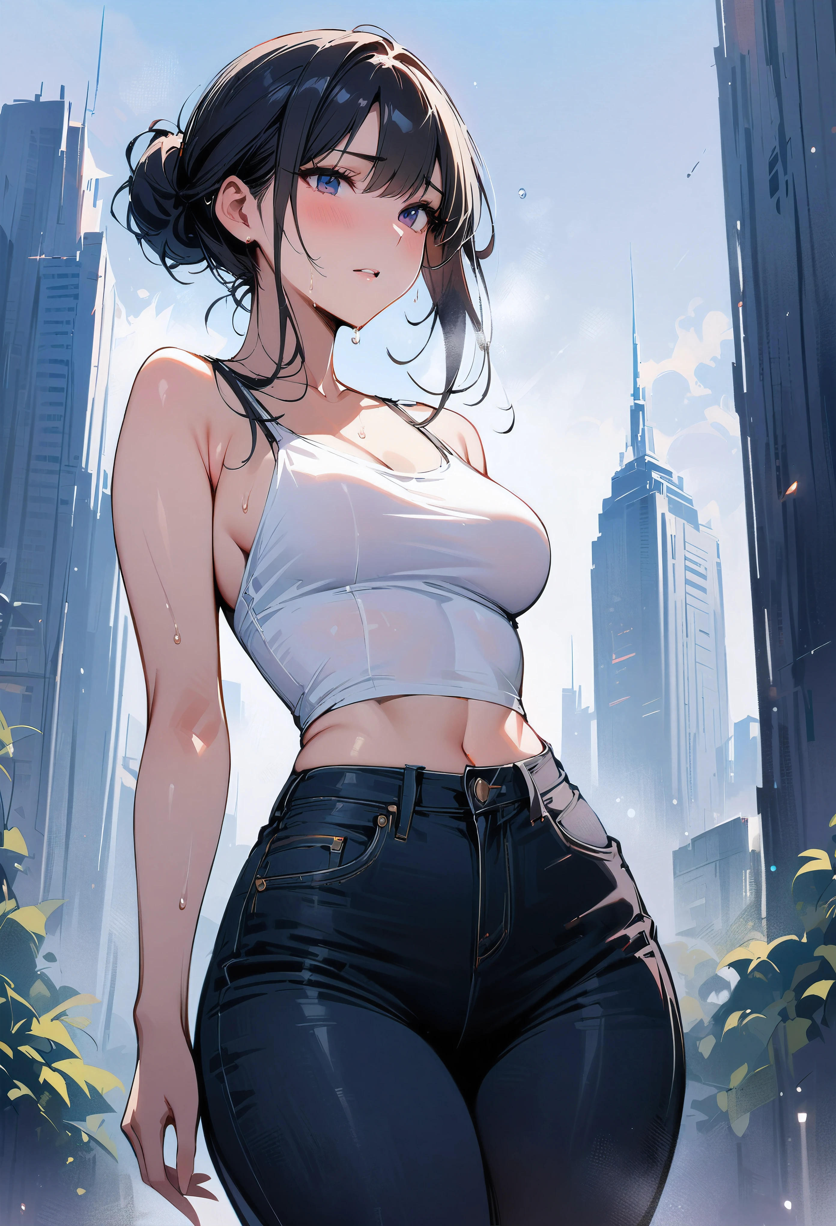 (masterpiece, best quality:1.2), 1 girl, alone , sexy , (jeans), wide hips, white top ,cowboy shot, black hair ,hair bun, (Sweat), outdoor , skyscraper background, from front
