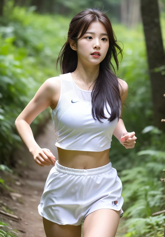 Close-up of trail running, running posture,full-body shot,big ，Showing breast line，wearing white clothes，The whole body is soaked loomingly，Korean Girl, beautiful south Korean woman, gorgeous young Korean woman, tzuyu from times, beautiful young Korean woman, Korean woman, Nam Jae-yeon, Korean female fashion models, jinyoung shin, portrait of female korean idol, korean idol, Cui Xianhua, Huang Shishi