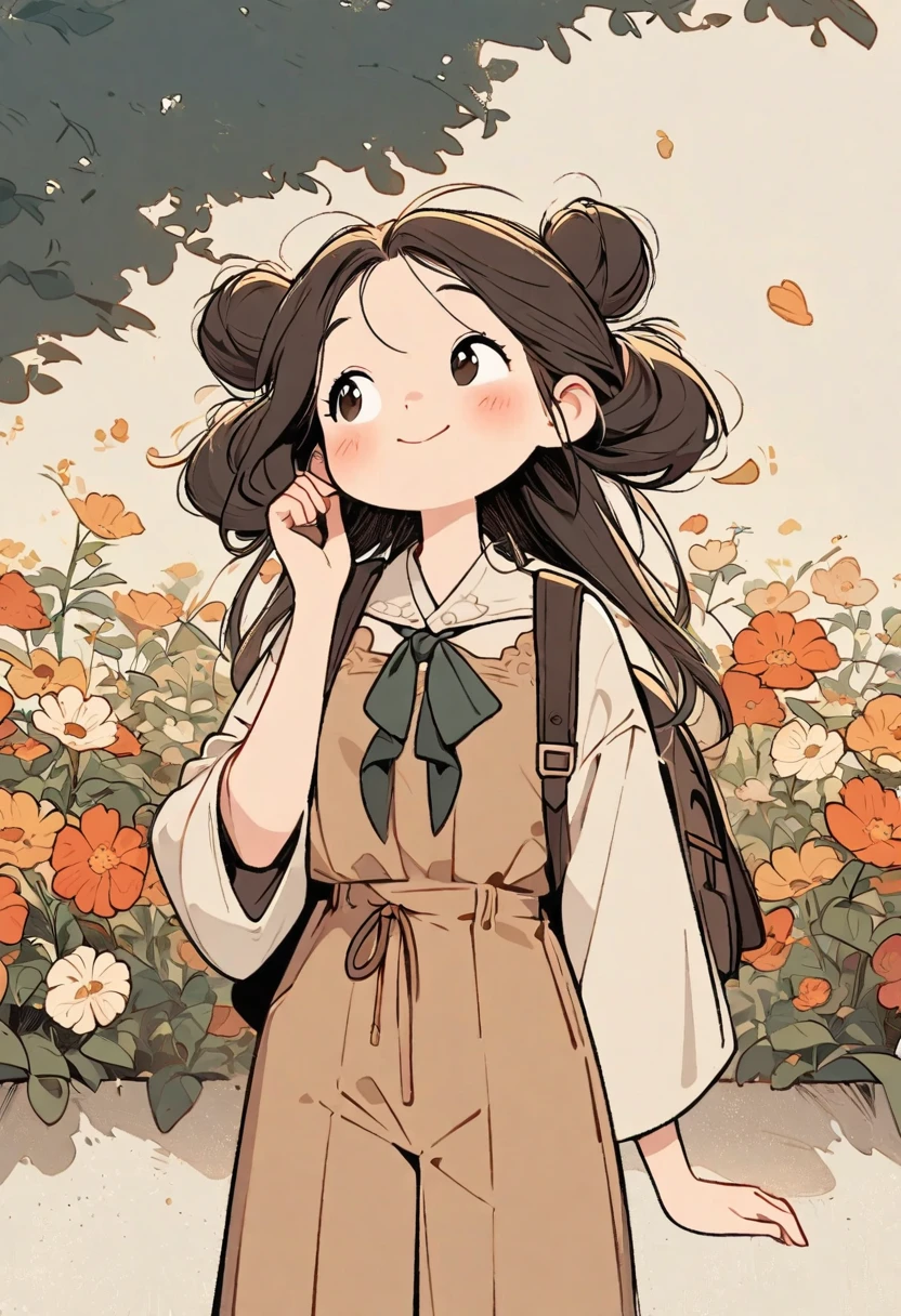 Handmade cartoon drawing style,A girl ties her hair into two buns,flower襯衫,Tall,wide trousers,Crossbody backpack,Standing with one hand raised and looking up happily,flower,Super exquisite picture quality.
