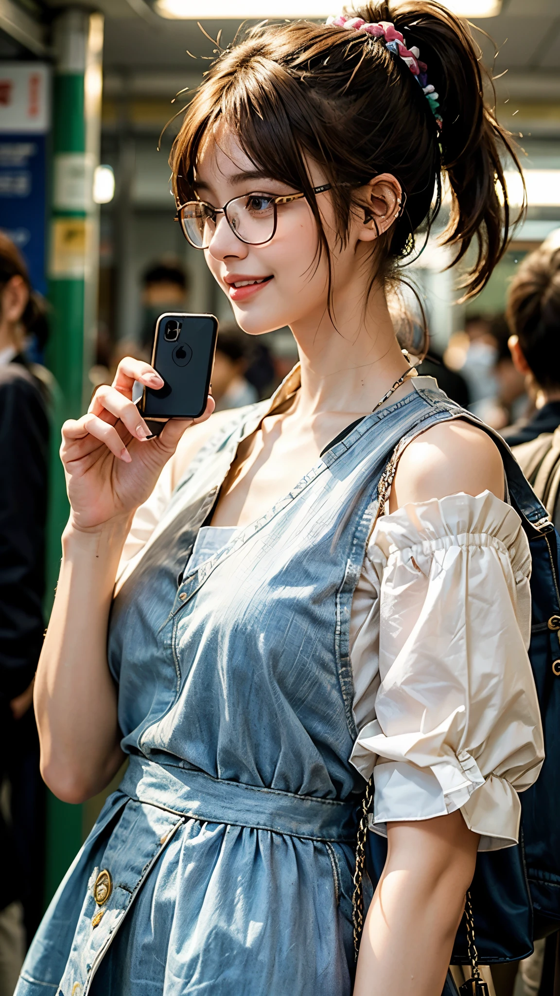 highest quality, masterpiece, Ultra-high resolution, (Realistic:1.4), (Close profile portrait) Raw photo, 1 girl,20-year-old,fake glasses,((A crowded Yamanote Line train on a holiday)),((Wireless earphones in your ears)),((Staring at smartphone screen)),,((Asian Fashion)),((Wearing a light outer layer)),Messy Hair,((Ponytail and scrunchie, chestnut-colored hair)),((Bangs short hair)),Realistic,picture media chest)),smiling showing teeth,Big smile,