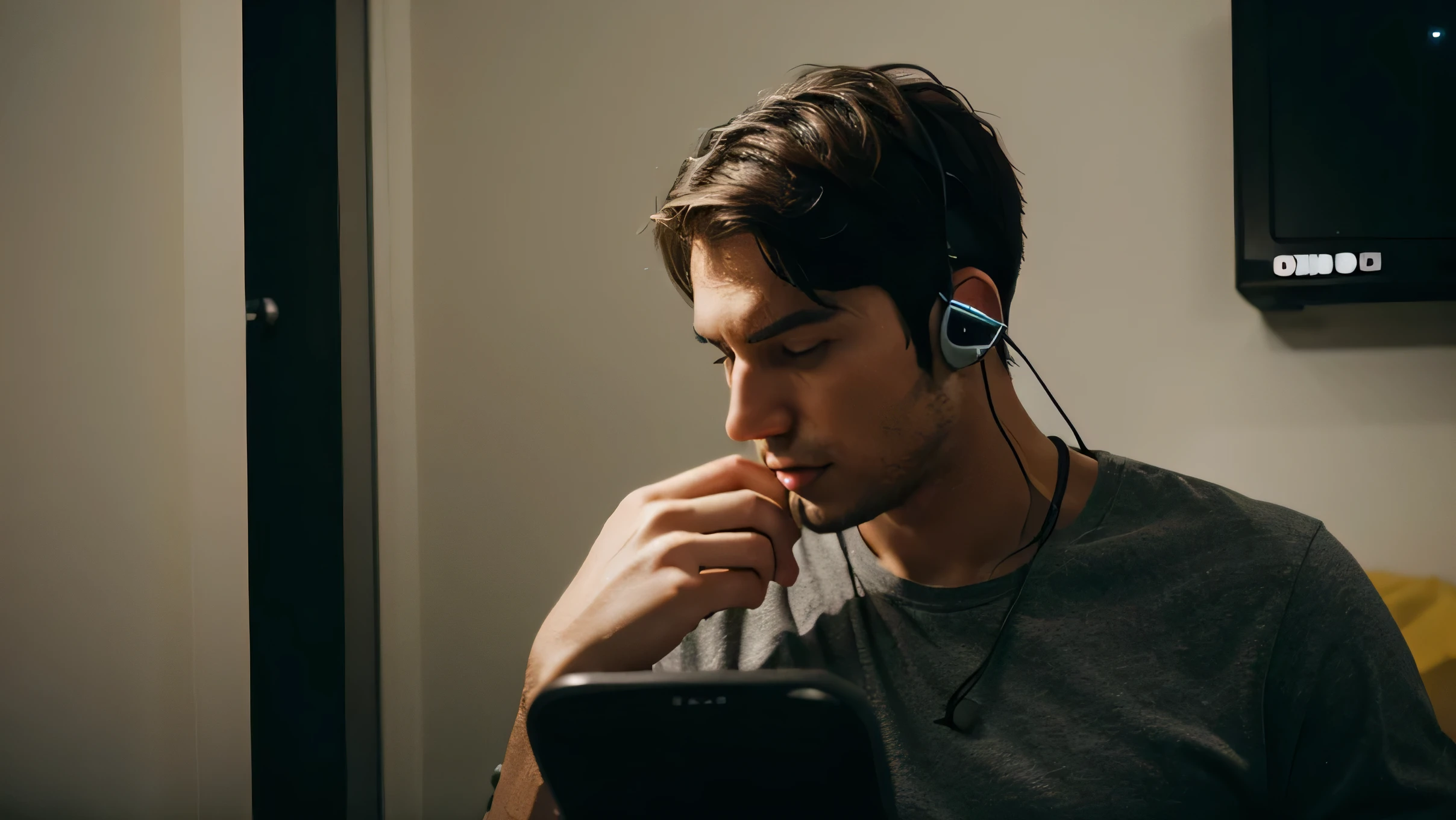 a man have a headphone in the room at night