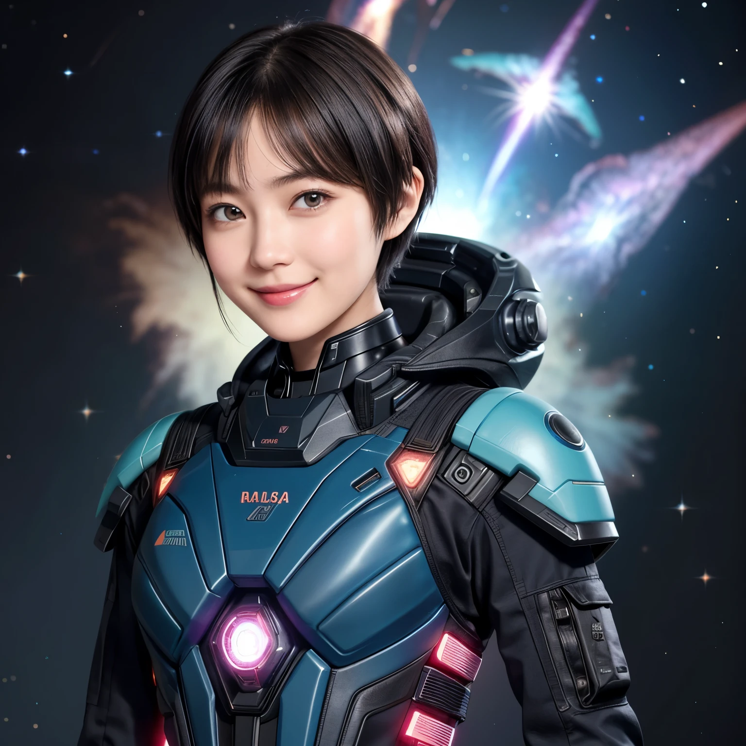 208 Short Hair, 20 year old female, Floral, A kind smile, Futuristic clothing, machinery suit, (The background is a galaxy and nebula)