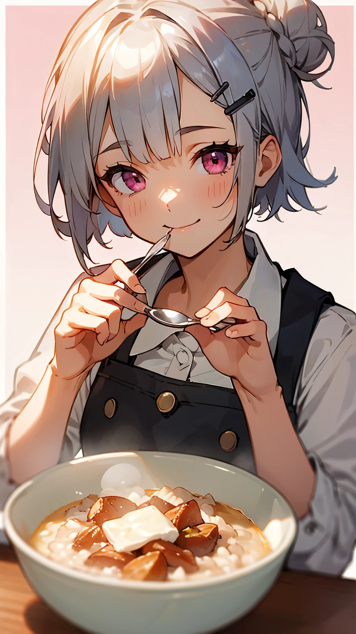 (highest quality,High resolution,Very detailed),eat porridge, Short silver bob hair tied in a bun with a hair clip, Pink Eyes、spoon, smile、Background blur, Depth of written border