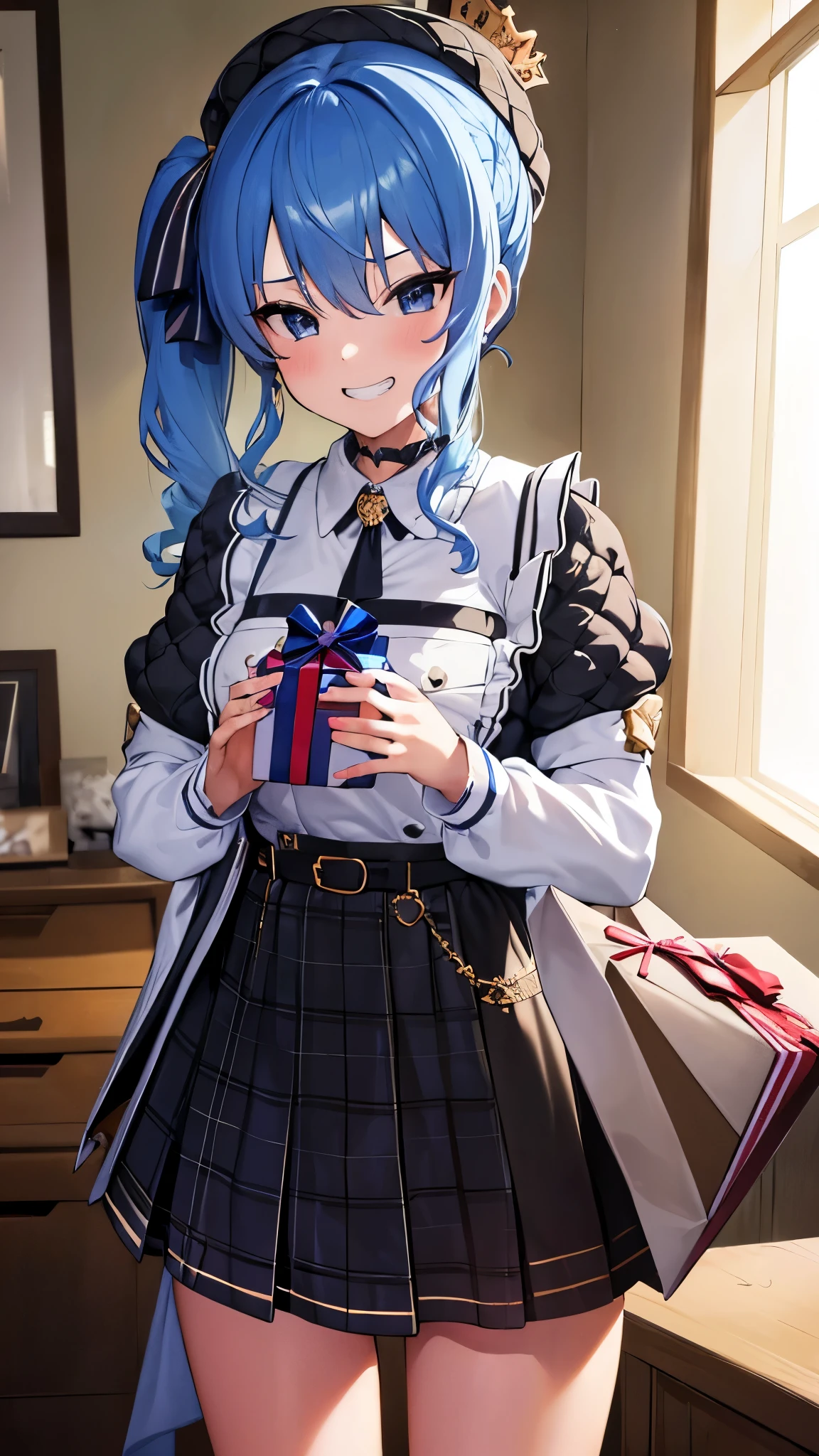 （(((Give the boy a gift box)))）、 （Gift exchange）、（(((Give a gift with both hands)))）、flat tits、8K、highest quality,masterpiece、highest quality、 High resolution、Side Ponytail, hoshimachi suisei、skinny 、she is sadistic、 ((charm))、Keep your lips open、 (((evil grin)))、Perfect proportions、perfect finger、((In her room))、(((She is standing)))、pov、From below、