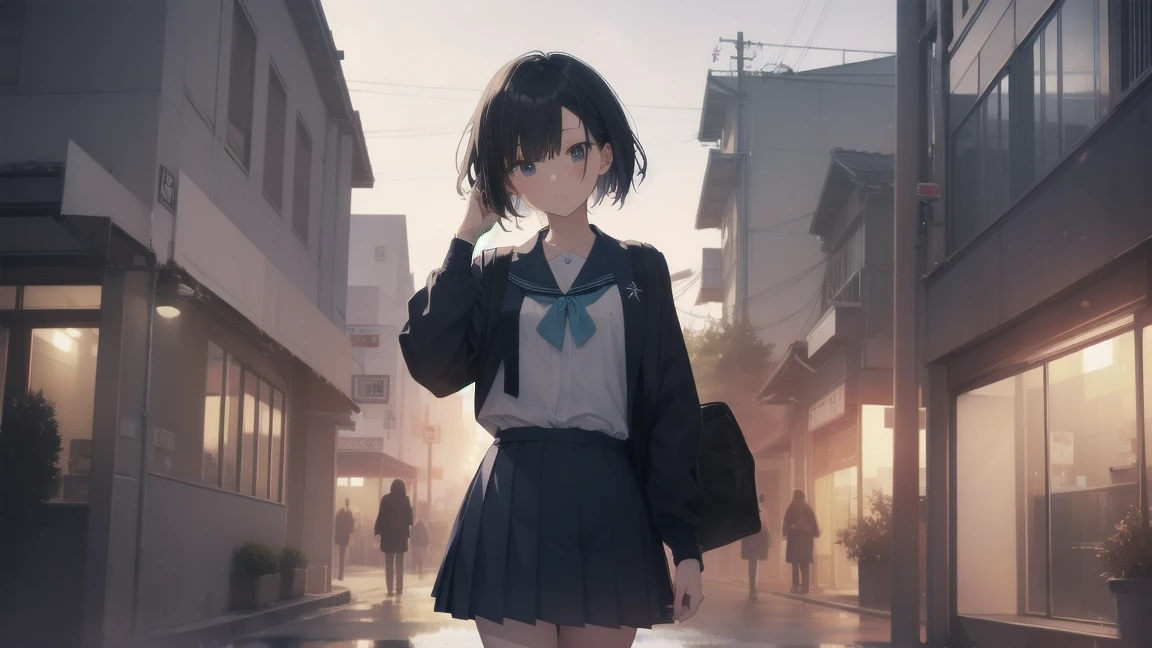ultra-absurdres-Top quality by Artist God, Very detailed, High resolution, Anime Moe Art Style, Best Anime 8K Konachan Wallpaper, pixiv Contest Winner,Pool:2810, Perfect Anatomy,break, One girl, (Please draw a girl walking sleepily to School alone. )break,(alone,Little Woman, :1.3),Complete limbs, Full Finger,a junior high School student, (Very short hair), Shortcuts, Flat Chest, , Small Ass, small black eyes, Beautiful fine details, Well-proportioned iris and pupil, Expressive eyes, High resolutionの詳細な髪, Soft look, School_uniform, formal_Alternative_Costumes, Pleated skirt,(Detailed lighting), (Detailed Background), On the way to school. break,Very detailed肌, Best cinematic lighting powered by famous Artist, 8k,Beauty Illustration,Photoshop_(Moderate),so beautiful,break,((Artist:this_military )), Artist:akinashi yuu ,Artist:Friends Ashito ,Artist:kantoku ,