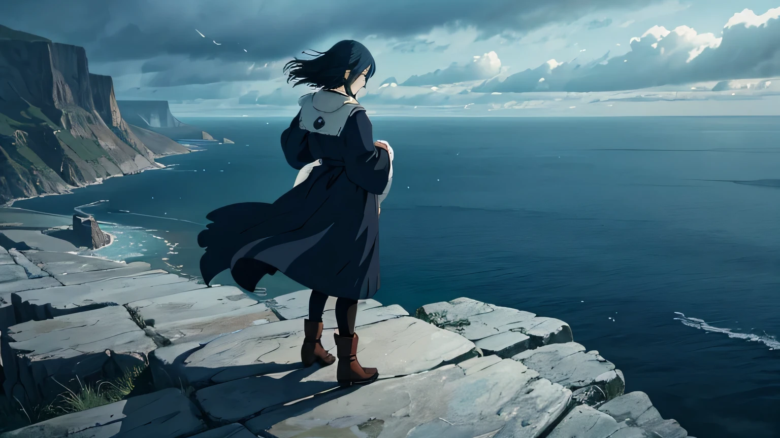 Create an image of Howl from 'Howl's Moving Castle' standing on a cliff overlooking the sea, with his coat fluttering in the sea breeze. The sea below is tumultuous, reflecting the stormy emotions in Howl's heart. Incorporate elements of magic and fantasy, such as ethereal light surrounding Howl and magical symbols softly glowing in the air around him. The overall mood should capture the melancholic beauty that reflects the depth of Howl's character and the enchanting yet sometimes perilous world he inhabits