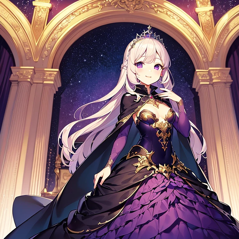 (kawaii),(best quality),(ultra detailed),(rococo style),(long train dark purple cape:1.15), very long cape,(long train dark purple ball gown with flower decorations:1.1), a girl is wearing a cape over her gown, 1 princess, tiara, smile, very long hair, small breasts, beautiful detailed eyes, beautiful detailed lips