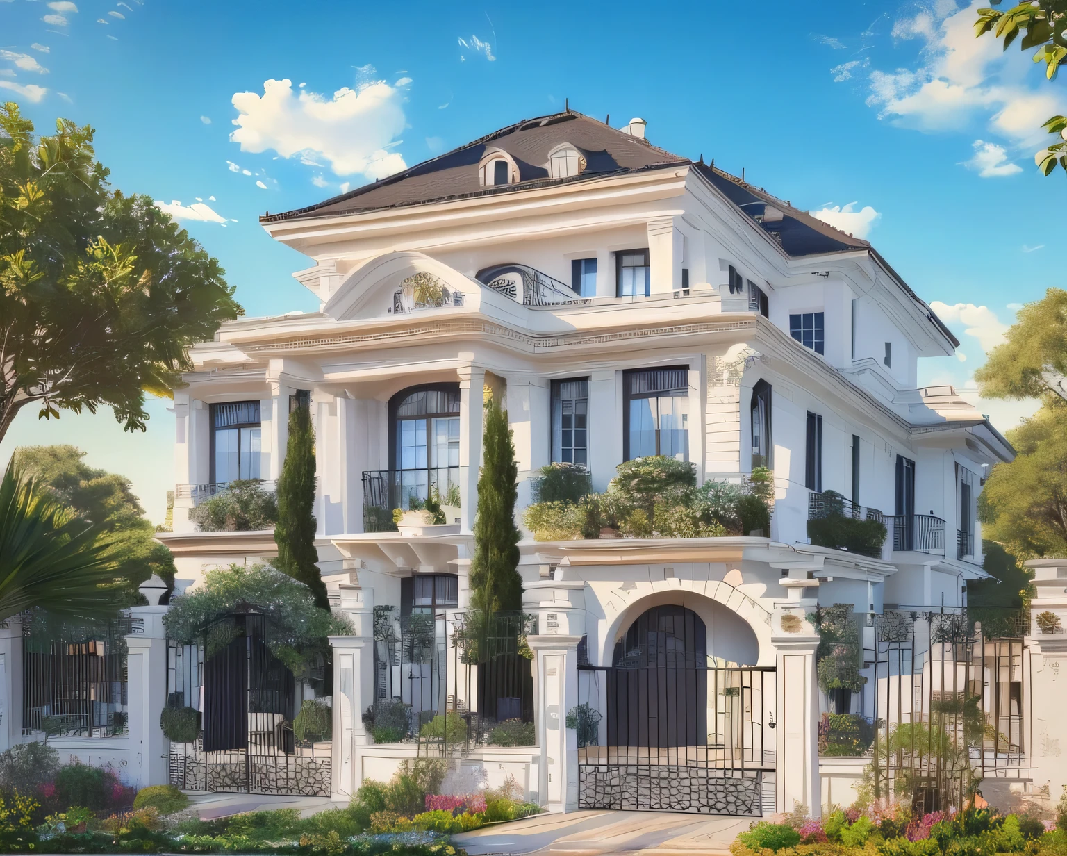 French style villa, Gray-blue roof, Garden in front of the door, Sunnyday, Real Scene, hyper HD, Masterpiece, ccurate, High quality, High details, 8K