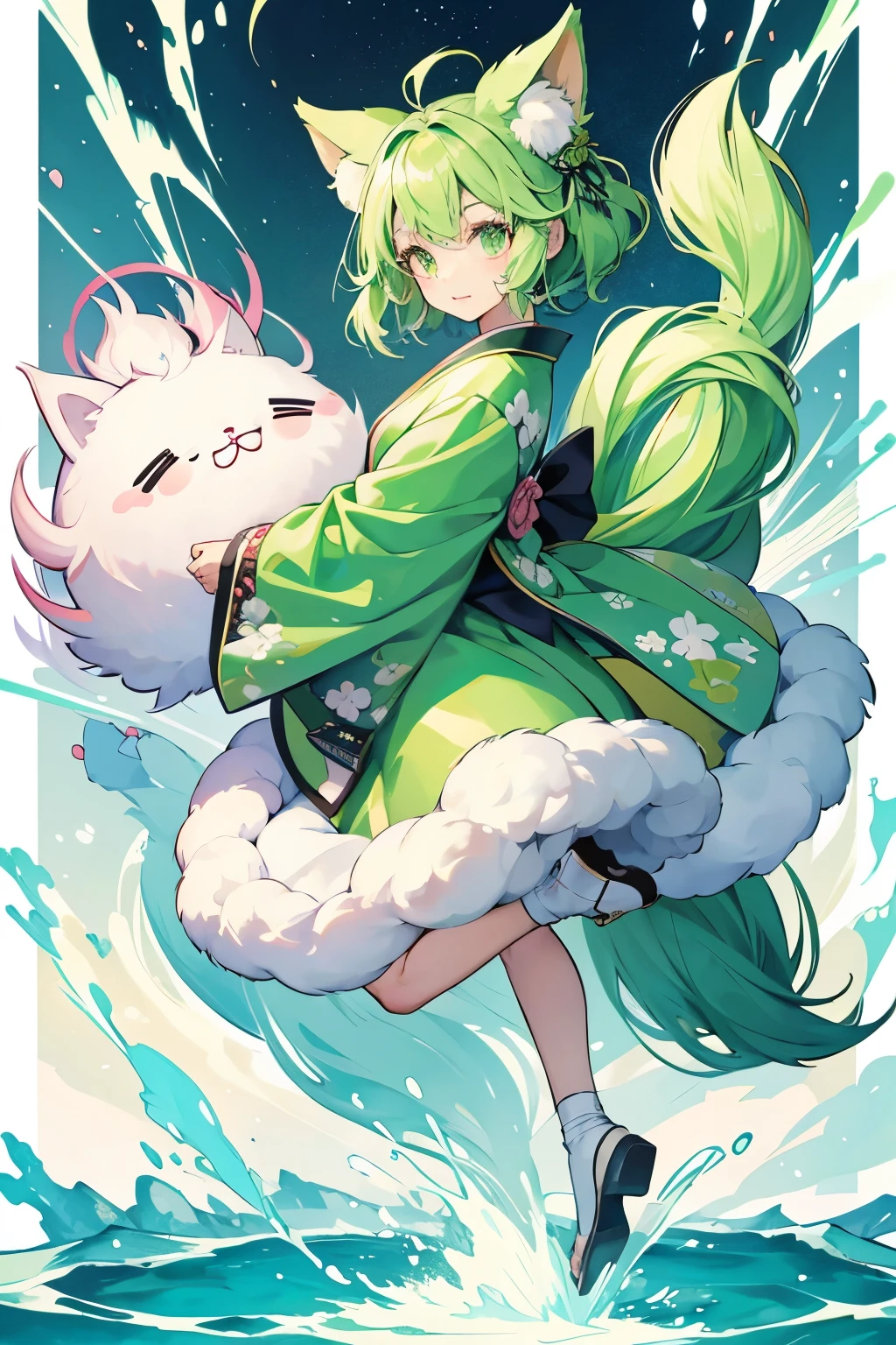 Japanese style、漫画のcharacter、not human、Bipedal animals、character、A form reminiscent of a girl、deformed、cute、fluffy、whole body、fluffyな毛並み、Fluffy、A green-based color scheme、black