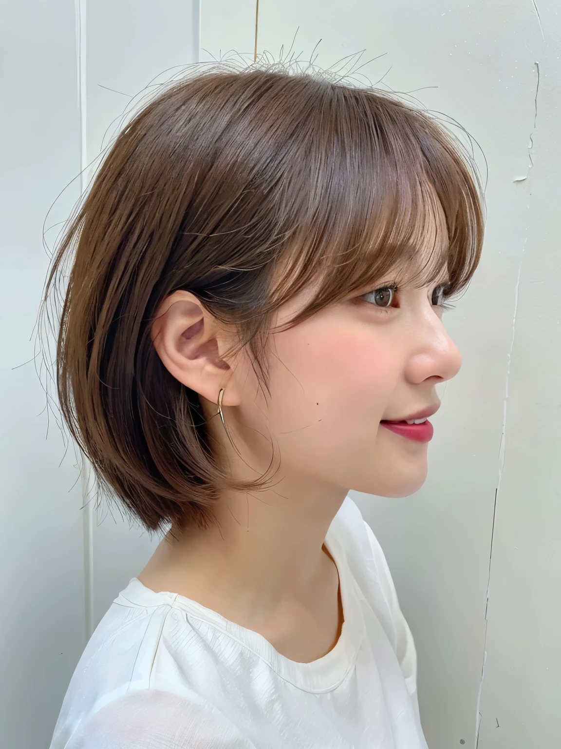 White wall、Taken in front of a white door、(窓のあるWhite wallの部屋)、(8k、RAW Photos、highest quality、masterpiece:1.2)、High quality RAW color photo、Professional photos、(Realistic、フォトRealistic:1.37)、Photographed in natural light、1 girl、Laughter、Various poses、Spring Clothes、 Simple Necklace、(Beautiful profile:1.3)、Don'Don't look at the camera、profile、Shortcuts、short hair、Earrings、pastel colored blouse、normal human face、Normal eyes、Dark brown eyes