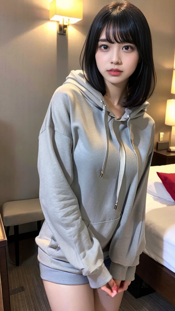 muste piece, best quality, illustration, Super detailed, fine details, High resolution, 8K,wall paper, perfect dynamic composition,(Details High quality, realistic depiction of eyes:1.3), (Oversized Light Gray Hoodie:1.2), Erotic Shorts, big breasts, short bob hair、black hair color, Big Natural Color Lip, bold sexy pose, (perfect body shape), crying a little、cold gaze, Harajuku style、20 year old girl、cute type、ta、beautiful legs, hotel room, gravure idol