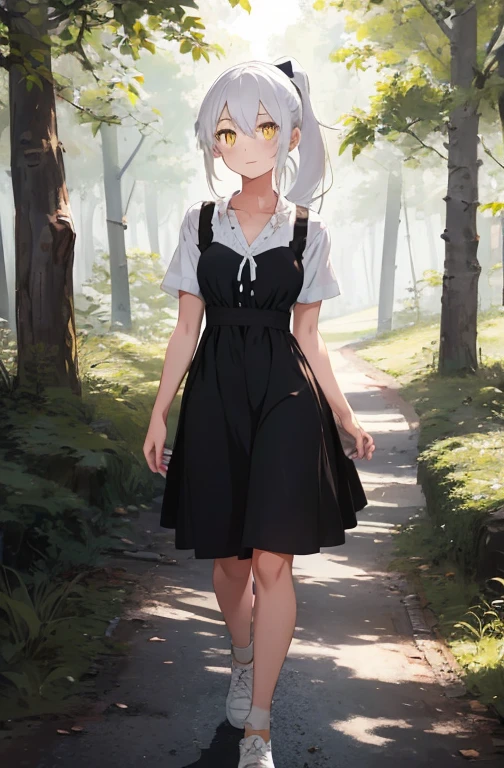masterpiece,(1girl:17 yo), best quality, beautiful art style, V-neck dress, white hair, long hair, ponytail ,yellow eyes, cheerful expression, outside (forest), hill view, book cover ,full body, walking in the forest