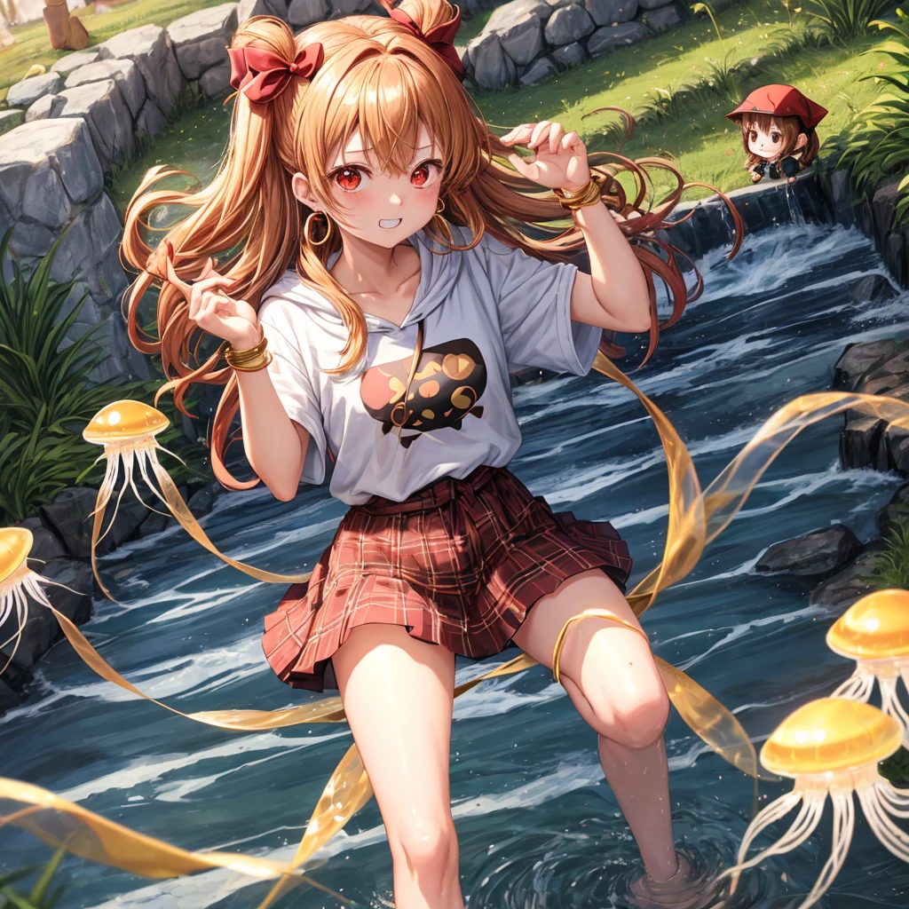Brown, red, gold, golden hair、red eyes、One good looking girl、solo、anime、plaid mini skirt、black camisole、Black T-shirt、hoodie、Wearing a ribbon、Ribbon on waist、Crystal Earrings、treasure石のネックレス、Light and shadow、Tilting face、teeth are visible、pillar、Kind Face、Kuroko、Diamond dust、grassland、Water running down the stairs、Overflowing、Ants are walking、sulking、is increasing、treasure、Hope、wearing goggles on head、jellyfish