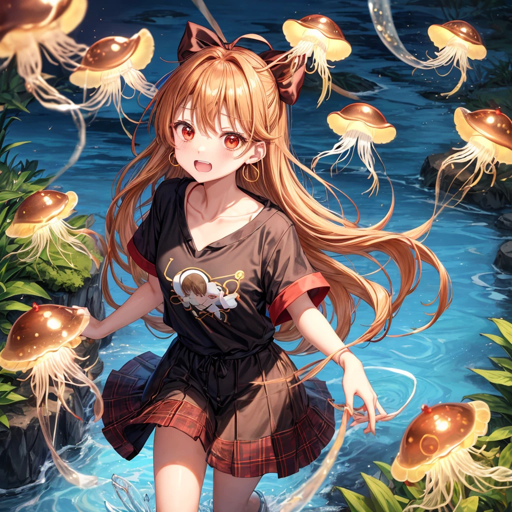 Brown, red, gold, golden hair、red eyes、One good looking girl、solo、anime、plaid mini skirt、black camisole、Black T-shirt、hoodie、Wearing a ribbon、Ribbon on waist、Crystal Earrings、treasure石のネックレス、Light and shadow、Tilting face、teeth are visible、pillar、Kind Face、Kuroko、Diamond dust、grassland、Water running down the stairs、Overflowing、Ants are walking、sulking、is increasing、treasure、Hope、wearing goggles on head、jellyfish