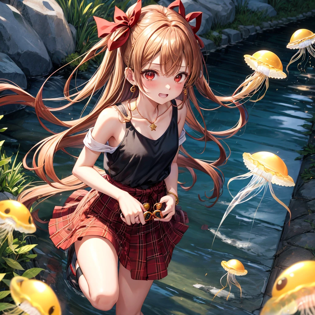 Brown, red, gold, golden hair、red eyes、One good looking girl、solo、anime、plaid mini skirt、black camisole、Black T-shirt、hoodie、Wearing a ribbon、Ribbon on waist、Crystal Earrings、treasure石のネックレス、Light and shadow、Tilting face、teeth are visible、pillar、Kind Face、Kuroko、Diamond dust、grassland、Water running down the stairs、Overflowing、Ants are walking、sulking、is increasing、treasure、Hope、wearing goggles on head、jellyfish