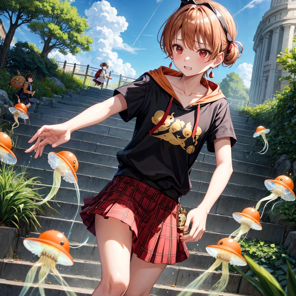 Brown, red, gold, golden hair、red eyes、One good looking girl、solo、anime、plaid mini skirt、black camisole、Black T-shirt、hoodie、Wearing a ribbon、Ribbon on waist、Crystal Earrings、treasure石のネックレス、Light and shadow、Tilting face、teeth are visible、pillar、Kind Face、Kuroko、Diamond dust、grassland、Water running down the stairs、Overflowing、Ants are walking、sulking、is increasing、treasure、Hope、wearing goggles on head、jellyfish