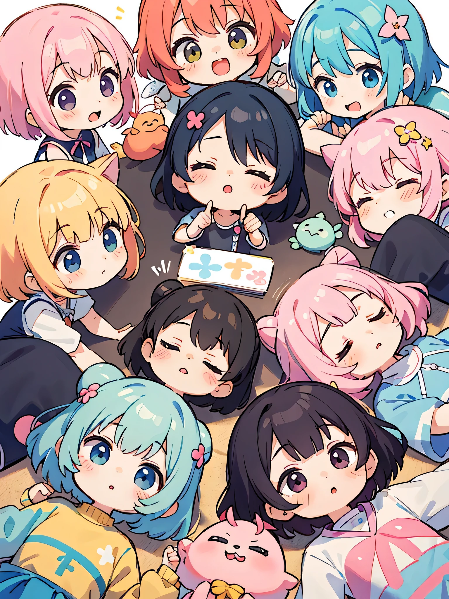 Momoko Sakura style, Kawaii Design, (((10 people)))、most beautiful girl ever、Chibi, Colorful bob hair、((Lots of friends))、Taking a nap together、