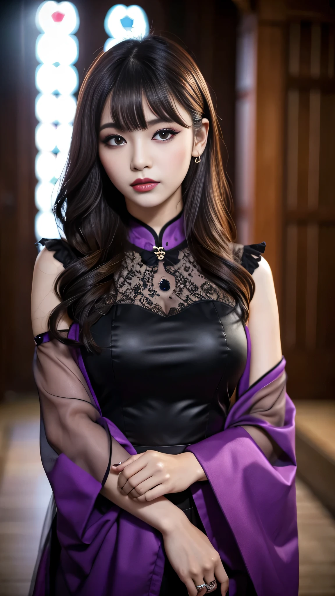 tra-detailed、Japanese、Attractive beauty、seductive adult woman、Pretty Woman、cool girl、brown hair、wavy hair、swept bangs、piercing eyes、hollow eyes、half-closed eyes、Hollow Eyes、Purple Eyeshadow、black lipstick、black lip gloss、dark makeup、smirk、Whisper in my ear、Evil expression、Long Black Cheongsam、Black wide sleeves、Evil cadres、Fallen into evil、brainwash、mind control、evil、Church at night、Swear allegiance、Are standing