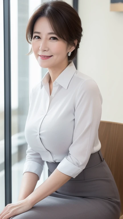 ((highest quality, 8K, masterpiece, Portraiture: 1.3)), (Watching the audience), (Full Shot:0.85), 魅力的なビジネスのMature Woman, 1 person, A little chubby:0.35,Brown medium hair、 White collared shirt, Grey Skirt,((big breasts 2.3)) (big pelvis:0.8), (officeチェアに座っている)), smile:0.2, president&#39;office,Good posture、(((Mature Woman))), (((56 years old)))


