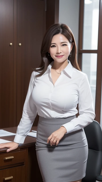 ((highest quality, 8K, masterpiece, Portraiture: 1.3)), (Watching the audience), (Full Shot:0.85), 魅力的なビジネスのMature Woman, 1 person, A little chubby:0.35,Brown medium hair、 White collared shirt, Grey Skirt,((big breasts 2.3)) (big pelvis:0.8), (officeチェアに座っている)), smile:0.2, president'office,Good posture、(((Mature Woman))), (((56 years old)))