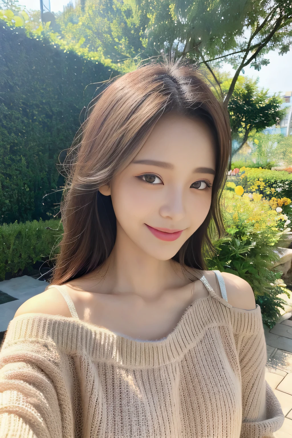((highest quality, 8K, masterpiece:1.3)), concentrated:1.2, Perfect body beauty:1.4, Hips:1.2, ((Delicate Hair)), (Colorful Solid Cold Shoulder Oversized Sweater、 :1.1) , ((highest quality、8K、masterpiece:1.3))、1 Girl、A sloppy smile、Esbian all over、Slim face、Big 、Beautiful woman、(Dark Brown Hair)、、1.1、Flickering Valley、Detailed eyes、double eyelid、Blurred Background、超Slim face、Looking down、garden、