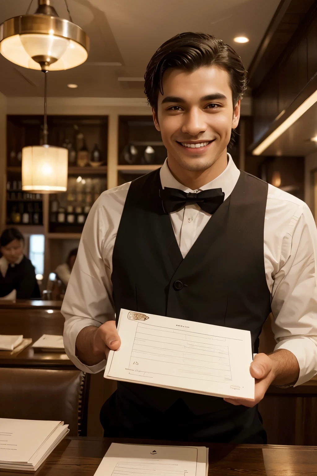 "Create an image of a classy waiter with a warm smile, holding a tray elegantly while jotting down orders from customers on paper pads. He's in a cozy, well-lit environment, with neatly arranged tables in the background and happy customers around. The waiter exudes professionalism and friendliness, and his posture reflects efficiency and courtesy."